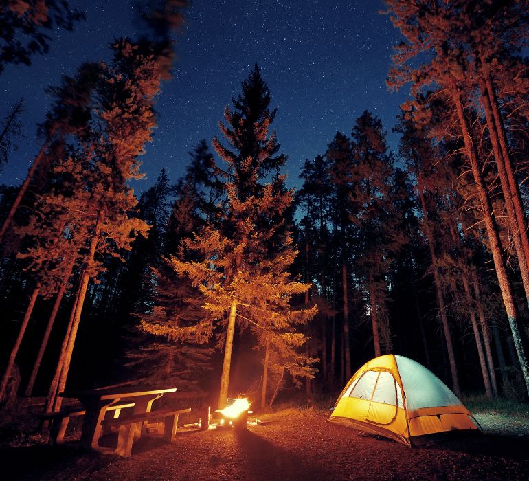 Camping na Floresta Acampar na Floresta no meio da mata com rio lago e fogueira
