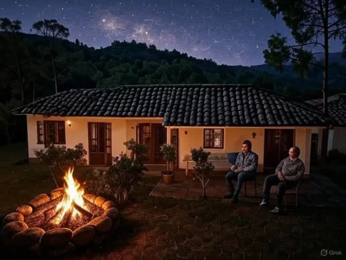 Chacara a noite com ceu estrelado fogueira mata floresta (1)