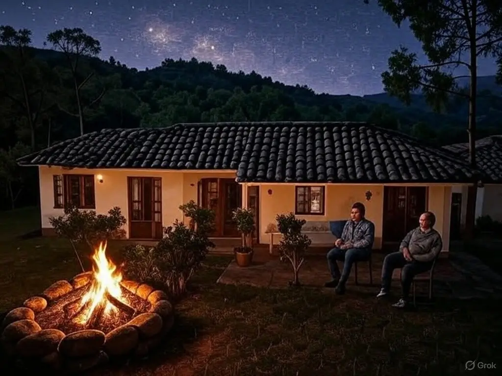 Chacara a noite com ceu estrelado fogueira mata floresta (1)